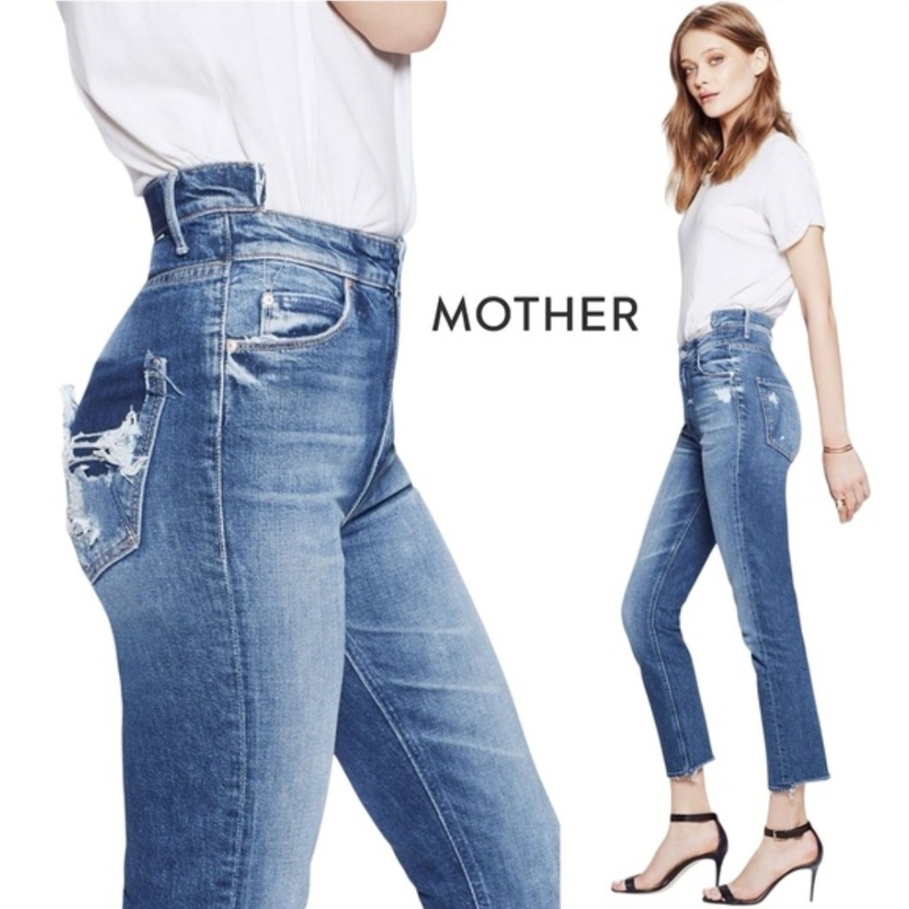 High Rise MOTHER The Dazzler Shift Distressed Skinny Jeans Medium Wash Raw Hem - Picture 6 of 16